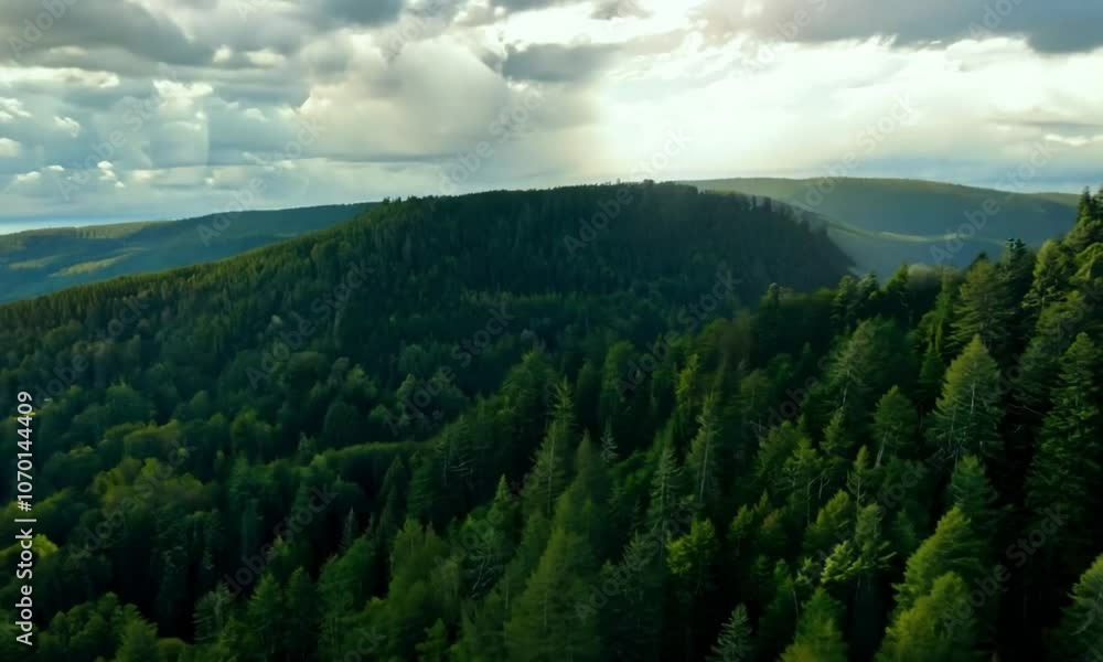 High-Altitude Aerial View of Rolling Hills with Dense Evergreen Forest and Shadows from Passing Clouds High-Altitude Aerial View of Rolling Hills with Dense Evergreen Forest and Shadows from Passing Clouds
