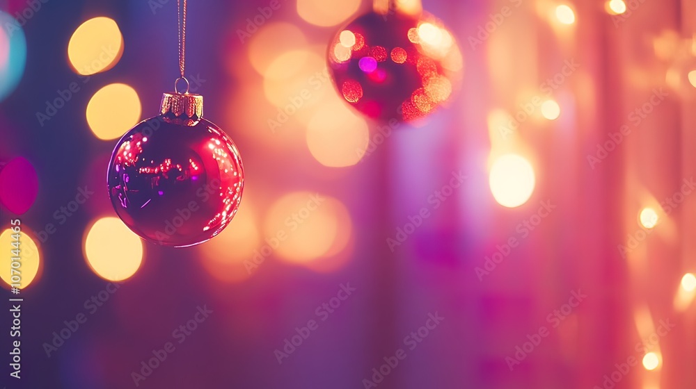Close-up of two red Christmas ornaments hanging against a bokeh background of warm and cool lights. Close-up of two red Christmas ornaments hanging against a bokeh background of warm and cool lights.