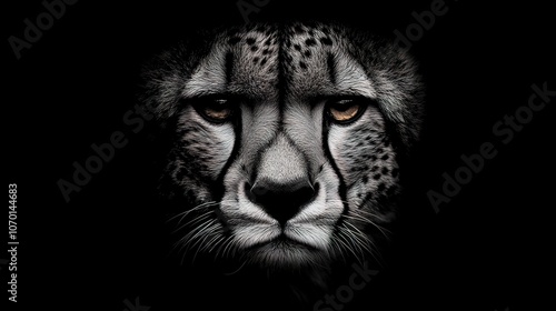 Close-up portrait of a cheetah's face against a black background. The cheetah has a serious expression and its fur is spotted.