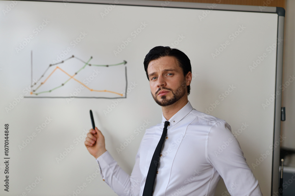 A man in a white shirt and black tie stands in front of a white board with a graph on it. He is pointing to the graph and he is giving a presentation A man in a white shirt and black tie stands in front of a white board with a graph on it. He is pointing to the graph and he is giving a presentation