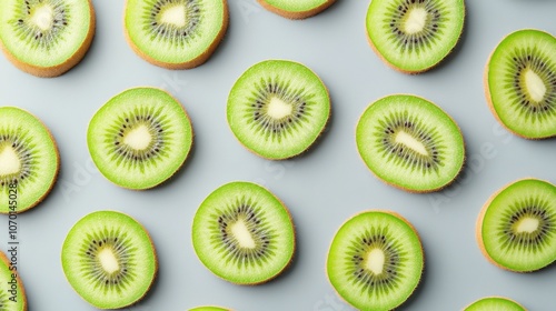 A fresh background of kiwi slices arranged in a random pattern on a cool gray background, their vibrant green contrasting beautifully.