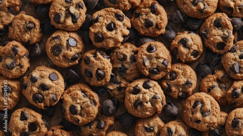 A surface densely covered with bite-sized chocolate chip cookies, filling every inch of the frame with their sweet, crispy texture.