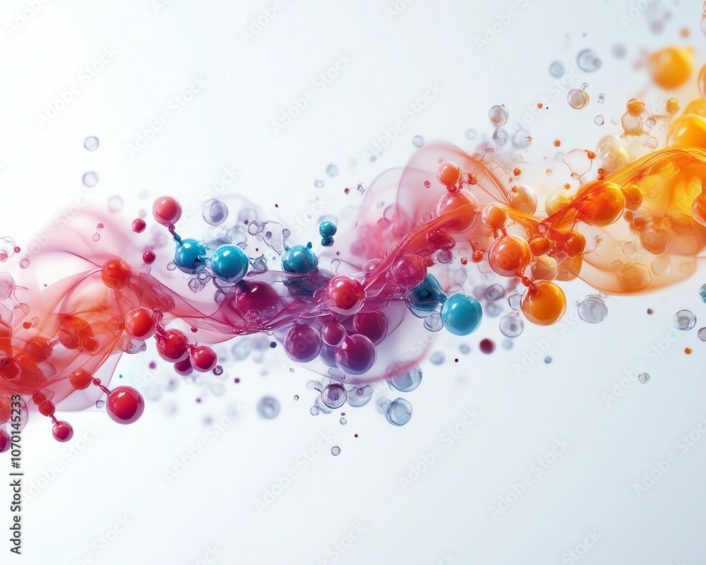 Obraz premium Geometric shapes and colorful molecular structures on a white background, forming an abstract and modern design full of energy and movement