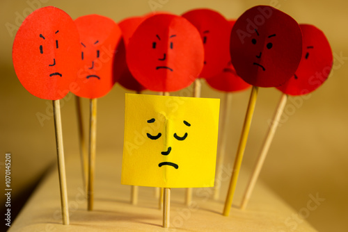 Photography Horizontal image of yellow paper with sad face surrounded by angry faces, concep