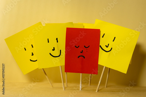 Fotografia Red paper with sad depressed face surrounded by yellow smiling papers, concept o