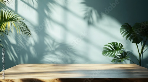 Wood table with a pale blue wall background, sunlight streaming through the window creating shadows of palm leaves on the wall, with blurred monstera plants in the foreground.