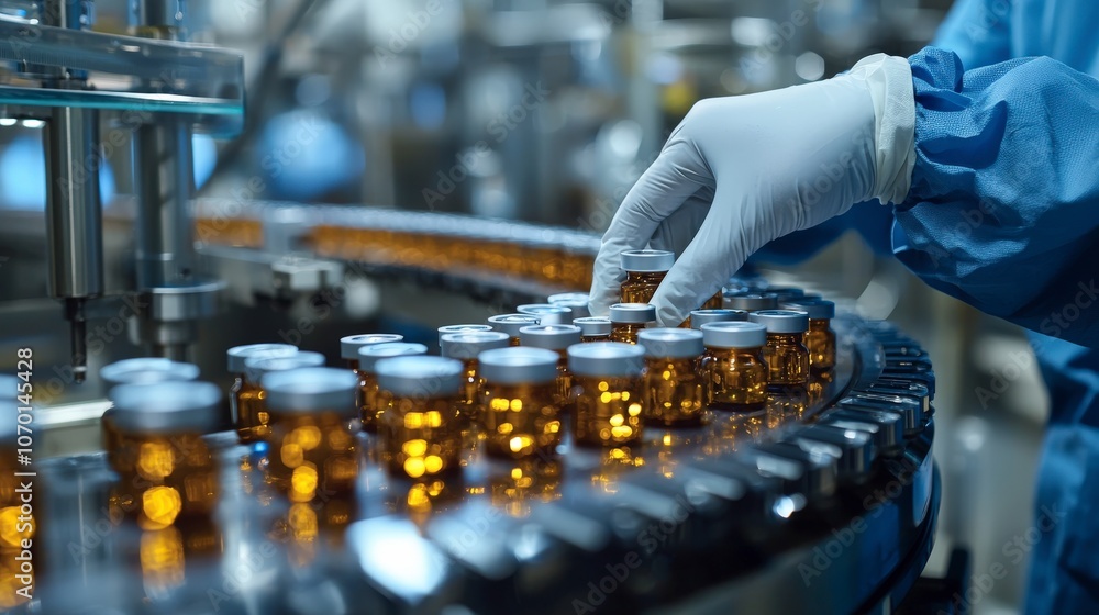 A laboratory worker in protective gear inspects brown vials on a conveyor belt, illustrating the pharmaceutical production process and quality control measures. A laboratory worker in protective gear inspects brown vials on a conveyor belt, illustrating the pharmaceutical production process and quality control measures.
