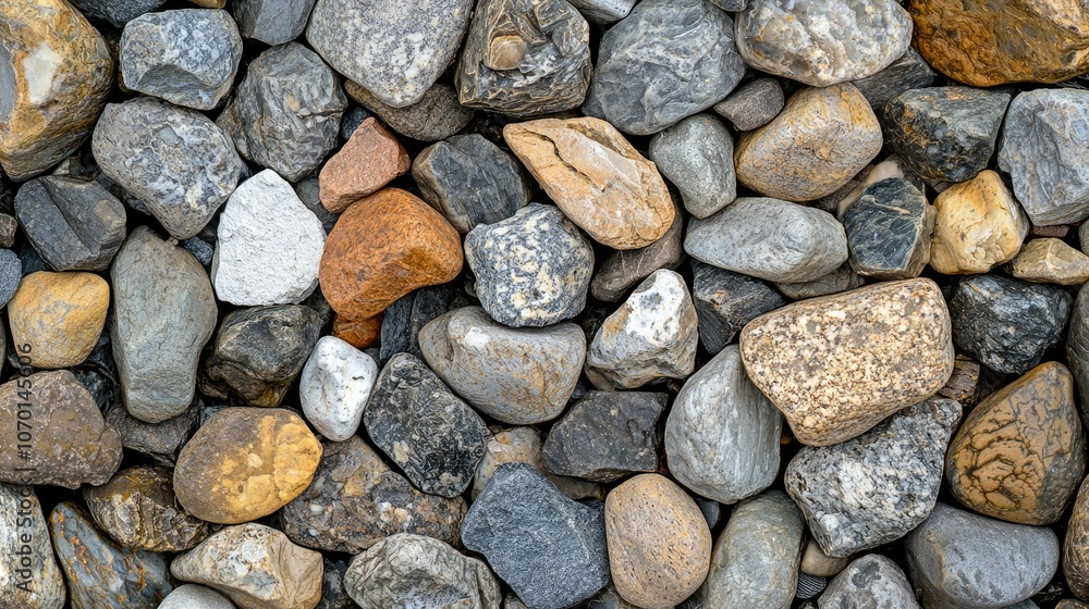 A close-up view of a variety of smooth, rounded pebbles in various shades of grey, brown, and white. A close-up view of a variety of smooth, rounded pebbles in various shades of grey, brown, and white.