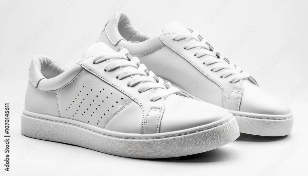 Stylish white sneakers displayed against a minimalistic backdrop in bright light Stylish white sneakers displayed against a minimalistic backdrop in bright light
