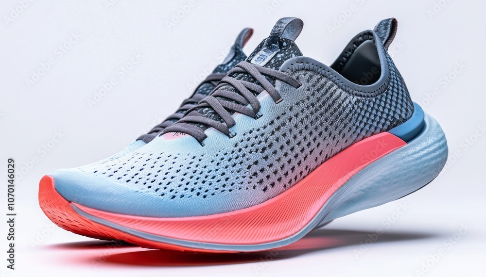 Modern running shoe design with breathable upper and vibrant sole, showcased in studio lighting Modern running shoe design with breathable upper and vibrant sole, showcased in studio lighting