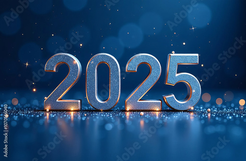 Happy new year 2025 with silver metallic numbers on dark background. photo