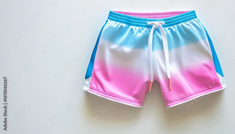 Vibrant swim shorts with a gradient design displayed on a light background Vibrant swim shorts with a gradient design displayed on a light background