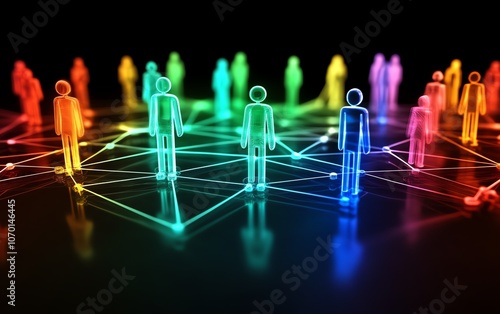 A dynamic network of digital figures, each symbolizing different people or groups, connected in the virtual space, showcasing digital communication photo