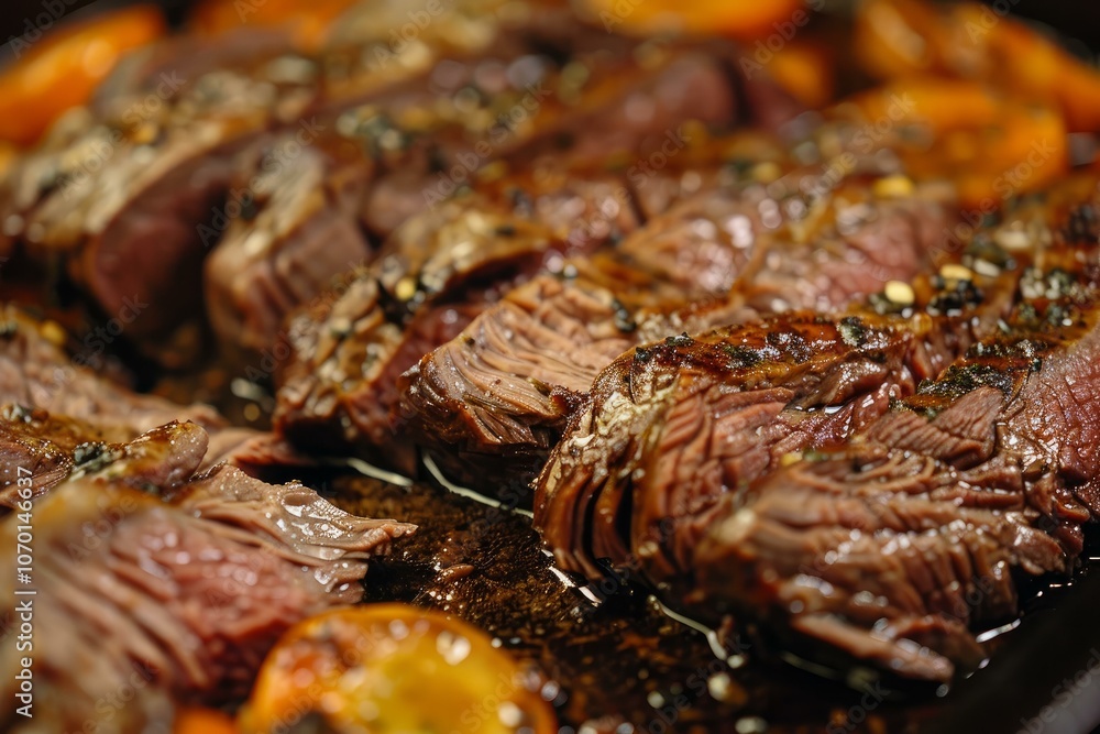 Sliced beef tenderloin roast resting on a baking sheet after being cooked with herbs and spices