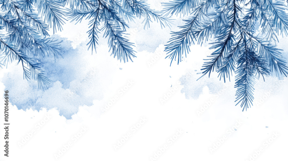 Obraz premium Snowy Blue Pine Branches Over White Space