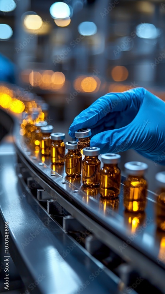 A blue-gloved hand carefully steadies an amber vial on a shining metallic conveyor in a bustling laboratory, signifying precision and the significance of detail in production. A blue-gloved hand carefully steadies an amber vial on a shining metallic conveyor in a bustling laboratory, signifying precision and the significance of detail in production.