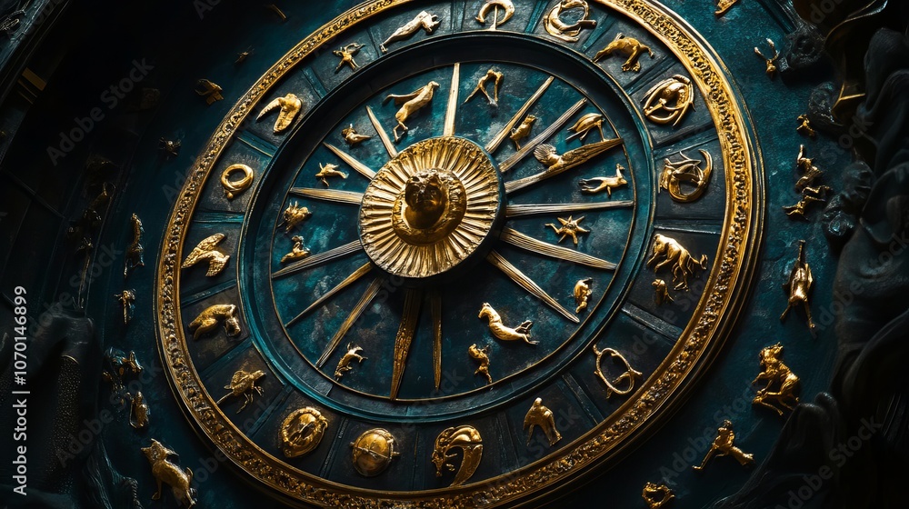 Fototapeta premium Zodiac signs inside of horoscope circle. Astrology in the sky with many stars and moons astrology and horoscopes concept