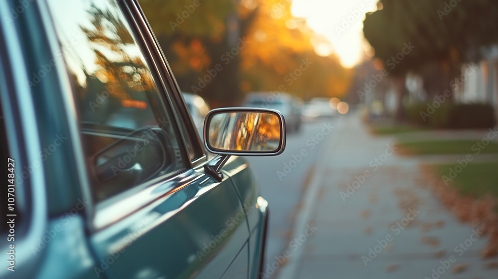 A close-up of a car's side mirror with a blurred background of a suburban street. A close-up of a car's side mirror with a blurred background of a suburban street.