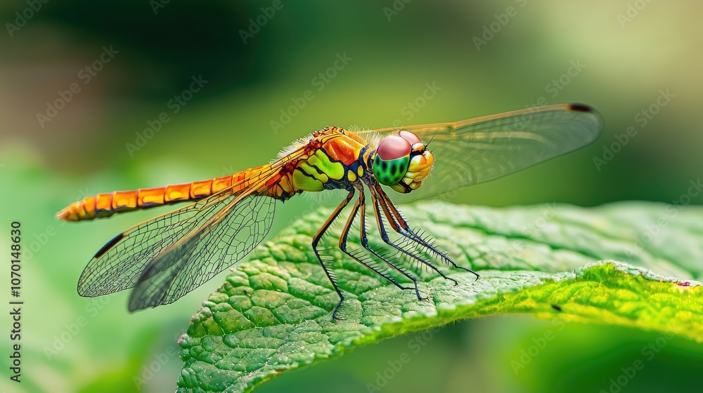 A colorful dragonfly perched on a green leaf. A colorful dragonfly perched on a green leaf.