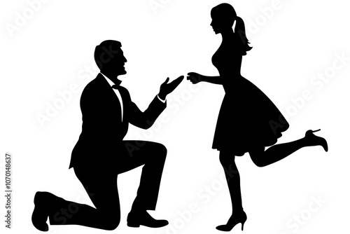 engagement silhouettes of a man proposing vector art illustration