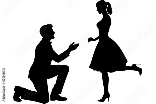 engagement silhouettes of a man proposing vector art illustration