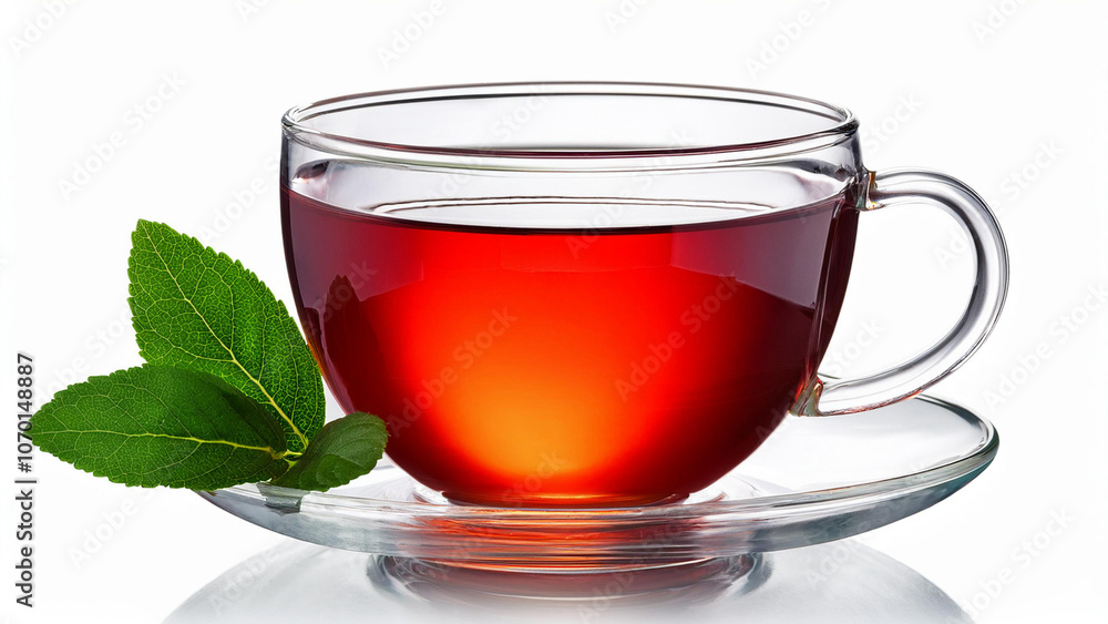 Clear glass teacup with red tea and a green leaf garnish, isolated on white. PNG transparent. Clear glass teacup with red tea and a green leaf garnish, isolated on white. PNG transparent.