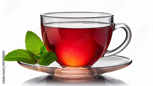 Clear glass teacup with red tea and a green leaf garnish, isolated on white. PNG transparent.