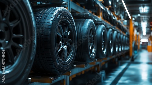 Black Tires on Metal Shelves in a Warehouse