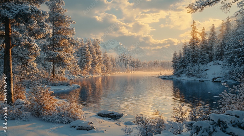 Fototapeta premium Winter snowy landscape with a blanket of fresh snow covering the ground and snow-capped trees in the background, winter, snowy, landscape