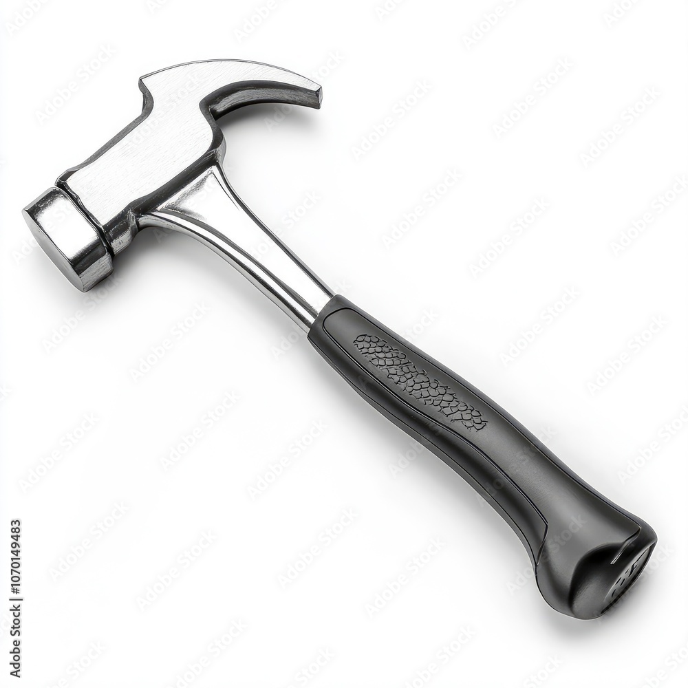 A silver hammer with a black rubber handle isolated on a white background. A silver hammer with a black rubber handle isolated on a white background.
