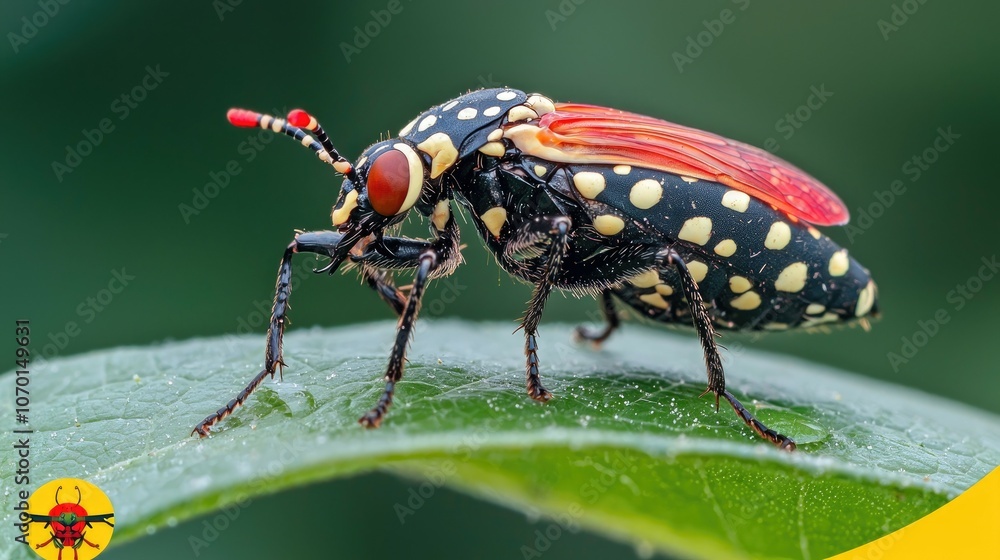 Naklejka premium A colorful insect with red and black spots perched on a green leaf.