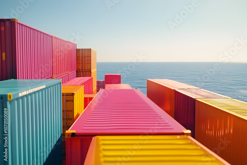 Colorful shipping containers stacked on a ship deck with the blue ocean and horizon in the background. photo