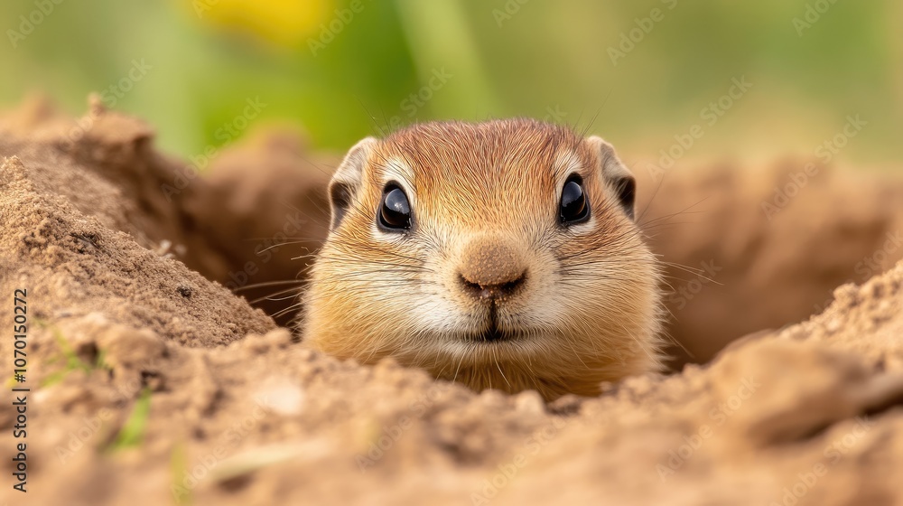 A gentle creature peeks from its burrow, showcasing nature's beauty in vibrant colors at ground level A gentle creature peeks from its burrow, showcasing nature's beauty in vibrant colors at ground level