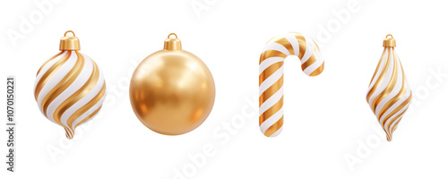 Set of Christmas ornaments in gold and white, including baubles, twisted figurines, and a candy cane. Suitable for holiday greeting cards, web banners, seasonal promotions, and Christmas decor.