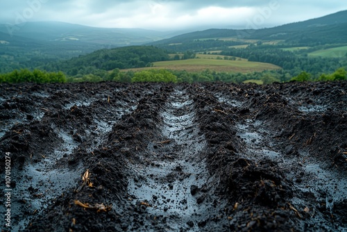 Freshly plowed field with scenic mountain views on a cloudy day