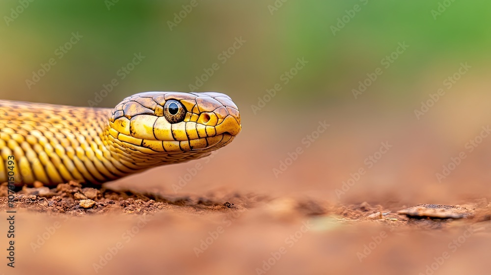 A close-up view of a golden-brown snake gracefully slithering across the forest floor, showcasing its vibrant scales in natural light A close-up view of a golden-brown snake gracefully slithering across the forest floor, showcasing its vibrant scales in natural light