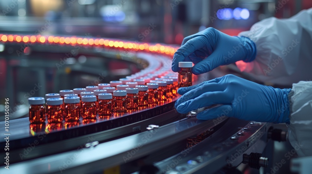 Rows of orange vials travel along an illuminated conveyor in a controlled laboratory setting, exemplifying streamlined efficiency and scientific innovation. Rows of orange vials travel along an illuminated conveyor in a controlled laboratory setting, exemplifying streamlined efficiency and scientific innovation.