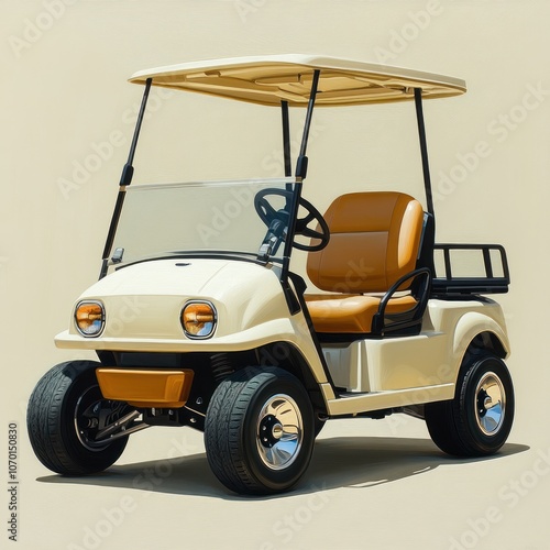 A white golf cart with a brown seat and a tan canopy on a beige background.