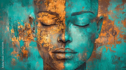 Surreal portrait of a face divided into vibrant teal and copper textures, evoking harmony and contrast. The blend of colors creates a striking visual. AI generative.