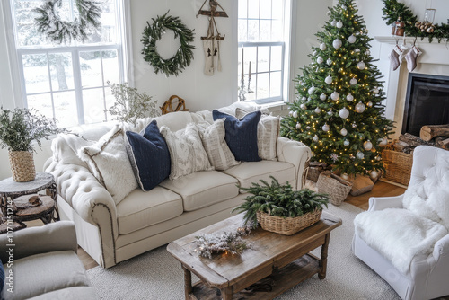 Cozy Christmas living room with white sofa, decorated Christmas tree, and festive decor