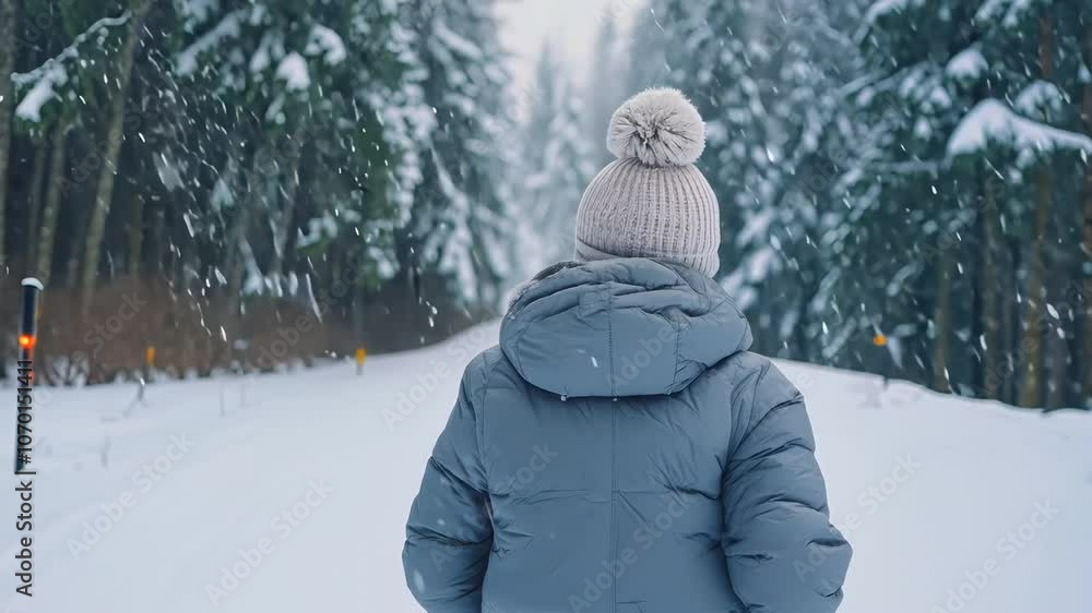 Woman strolling away along a snow-covered path lined with tranquil trees Woman strolling away along a snow-covered path lined with tranquil trees