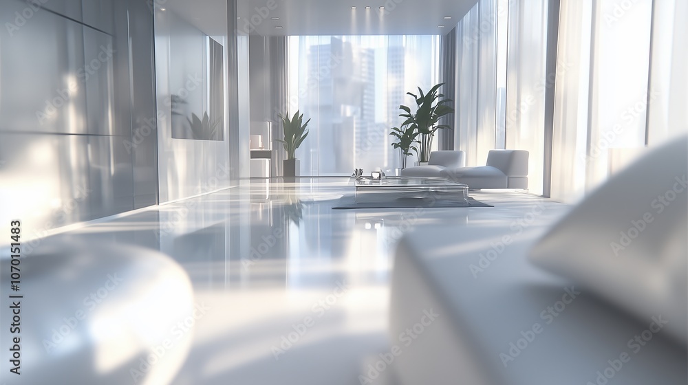 Fototapeta premium Modern Minimalist Penthouse Interior with Floor-to-Ceiling Windows and Cityscape Views, Light-Filled Space Featuring Sleek Furniture and Reflective Surfaces, Ideal for Contemporary Urban Living