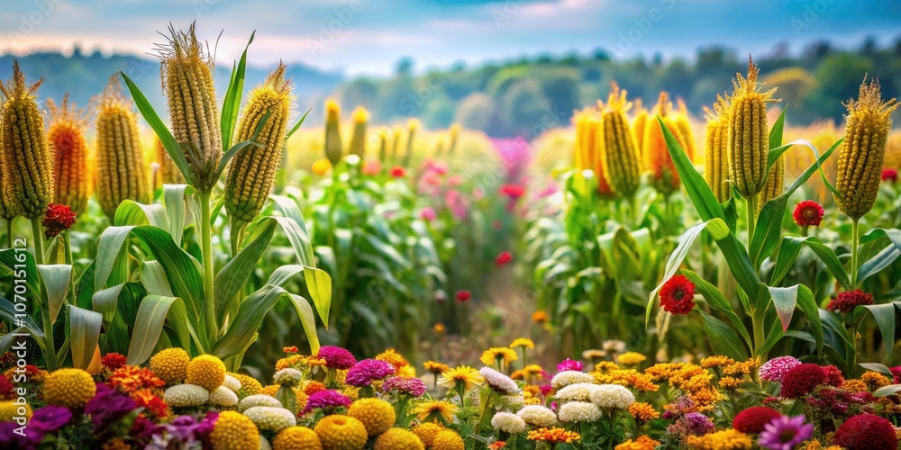 Stunning Tilt-Shift Photography of Isolated Corn Fields with Vibrant Flowers on Transparent Background for Nature, Agriculture, and Floral Themes Stunning Tilt-Shift Photography of Isolated Corn Fields with Vibrant Flowers on Transparent Background for Nature, Agriculture, and Floral Themes