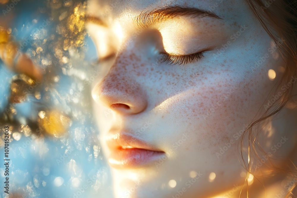 Close-up of serene woman with freckles in sunlight Close-up of serene woman with freckles in sunlight