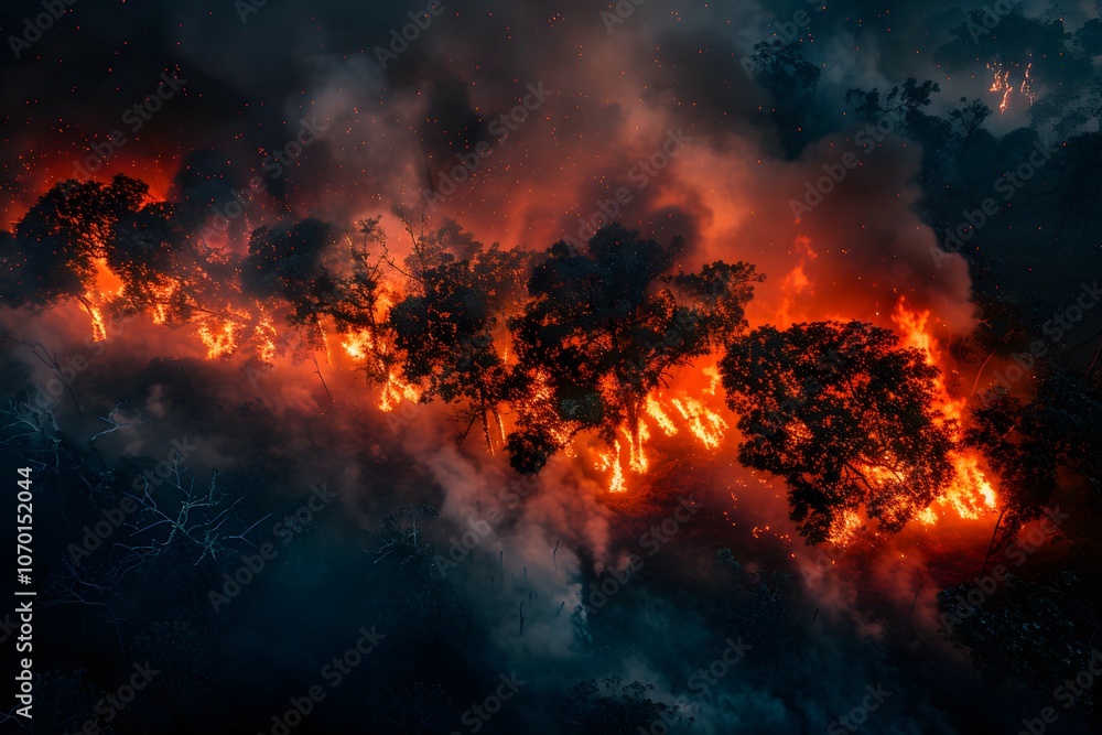 Aerial View of Forest Fire: Intense Flames and Smoke in Wildfire Scene for Environmental Awareness Aerial View of Forest Fire: Intense Flames and Smoke in Wildfire Scene for Environmental Awareness