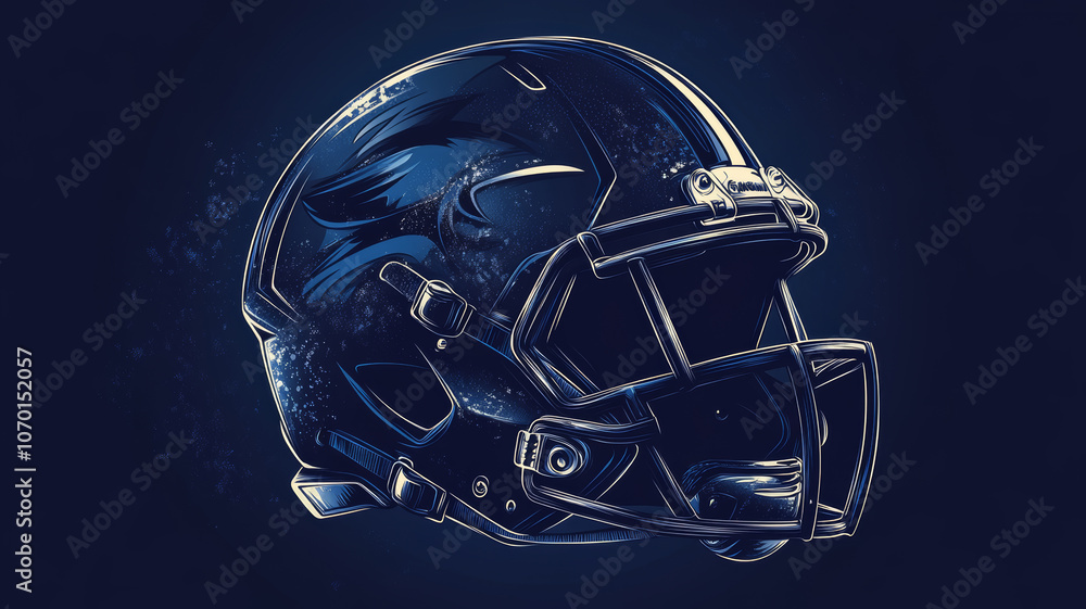 An artistic representation of an American football helmet featuring a sleek design, illuminated against a dark background for a bold appearance during a game-inspired setting. Generative AI An artistic representation of an American football helmet featuring a sleek design, illuminated against a dark background for a bold appearance during a game-inspired setting. Generative AI