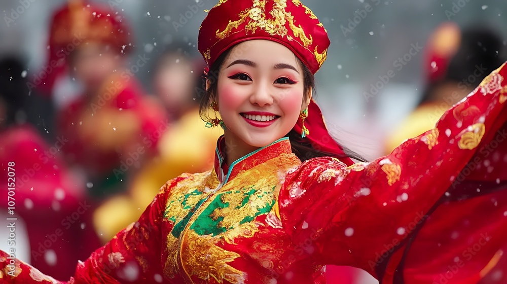 A woman in a red and green dress is smiling and dancing