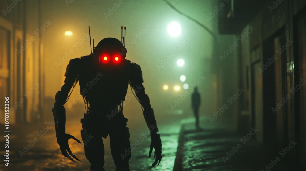 3d illustration of a cyberpunk scary creature with red luminous eyes in a night scene. Silhouette of a futuristic post apocalypse mutant in metal armor. Concept art science fiction alien character 3d illustration of a cyberpunk scary creature with red luminous eyes in a night scene. Silhouette of a futuristic post apocalypse mutant in metal armor. Concept art science fiction alien character