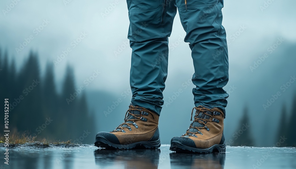 Adventurer standing in durable hiking boots on a wet trail surrounded by forest hills