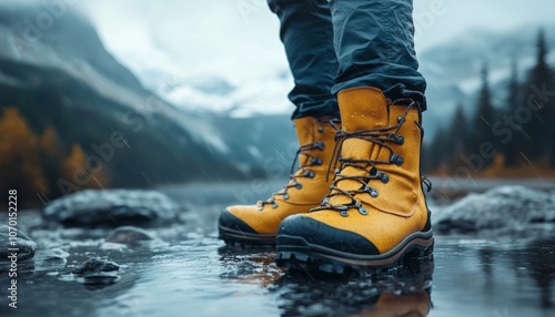 Hiker stands on wet rocks beside a mountain river wearing yellow waterproof boots photo